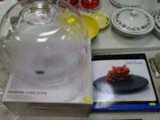 Boxed perspex pedestal cake dome and a slate 'Lazy Susan'
