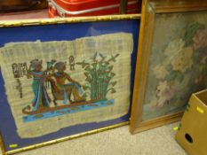 Floral woolwork picture and a framed painted papyrus picture