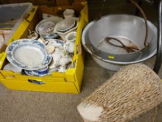 Mixed box of crockery, dinnerware and decorative seashells along with an enamel bowl, bongo drum and