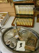 Twin handled EPNS tray, a vintage copper plate in a fancy frame, a cased quantity of chased