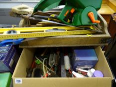 Box of various garage items including a vintage bit and brace, wooden tray of saws, crow bar, spirit