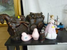 Horse and cart figurine, small model of a trawler, a mini hip flask etc