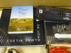 Quantity of artist's paintbrushes and two modern Welsh books