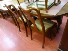 Twin pedestal inlaid extending dining table, 155 x 88 cms closed and four chairs (vendor gifted
