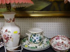 Masons Mandalay Red pottery table lamp with shade and two handled dish along with two Chartreuse