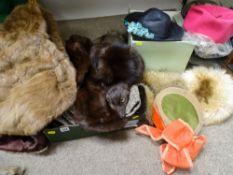 Box of fur stoles, vintage coat and a quantity of hats within a box