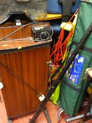 Mixed parcel including long handled garden tools, strimmer, fold-up camping bed, metal cased snooker