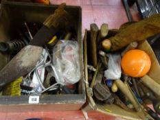 Wooden box of various hand tools and a box of vintage hand tools and jack etc