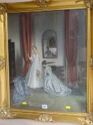 Gilt framed classical print of a young girl with attendant