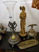 EP single glass fruit epergne, a brass inkpot and deskstand with a composition figurine of a