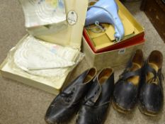 Boxed vintage Pifco hairdryer, an embroidered tablemat etc and two pairs of vintage style clogs/