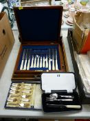 Mahogany cased set of six bone handled knives and forks, further cased and loose quantities of