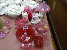 Cranberry and vaseline glass Jack in the Pulpit vase and a collection of other cranberry glassware