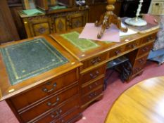 Modern twin pedestal desk with triple tooled leather top and a similar two drawer filing cabinet