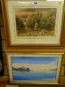 G A SHORT watercolour - huntsman and his dog and an indistinctly signed vibrant watercolour -