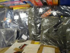 Box of brand new denim clothing and three Parker type coats