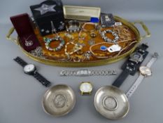 Italian inlaid wood and brass two handled serving tray containing a quantity of jewellery and