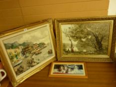 R MARIANI? gilt framed oil on canvas - Mediterranean beach scene with boats and people, a gilt