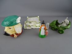 Coalport cottage, ceramic tobacco jar and cover in the form of a dog and two further novelty items