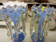 Pair of blue glass Victorian lustres