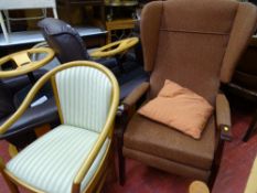 Modern wingback armchair in tweed effect upholstery and a bow back wooden framed side chair