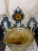 Vintage pestle and mortar and a Jasperware style clock garniture