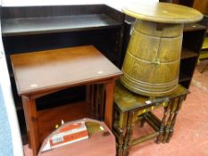 Set of three reproduction oak side tables, a three tier mahogany example, a vintage style barrel