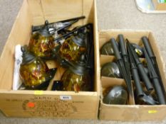 Set of solar powered garden lamps and a vintage wooden wine box