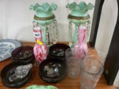 Pair of Victorian glass lustres (damage), two Victorian commemorative glass beakers, a pair of