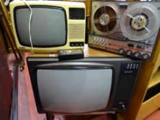 Vintage Hitachi colour TV model no. CBP-222 with remote control, a Fidelity TVR 120 portable vintage