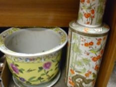 Reproduction Oriental yellow ground jardiniere on a base plate and a narrow necked Oriental