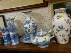 Parcel of blue and white decorative pottery and a butterfly baluster vase (some damage)