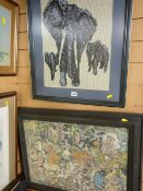 Framed woolwork picture of elephants and an Oriental framed tapestry