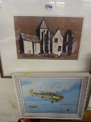 Print of Penmon Priory and a print of a WWI fighter plane