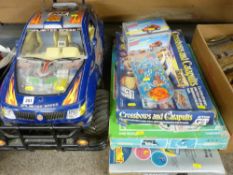 Large toy off road vehicle and a quantity of board and table games including Subuteo