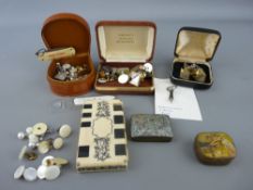 Quantity of gent's cufflinks and collar studs, a Victorian ivory 'Whist' counter, an HMV tin of