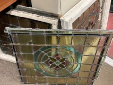 Two framed coloured and leaded glass windows, glass size approx 50 x 55 cms