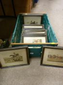 Crate of framed vintage prints - horse racing and hunting etc