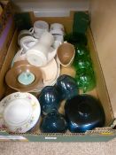 Box of mixed porcelain and glassware including Poole pottery coffee pot, other Poole pottery