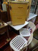 Neat melamine kitchen table and two chairs (Ikea), a light wood melamine file cabinet and a brass