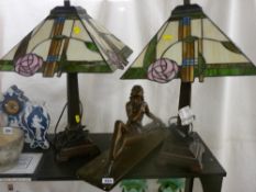 Composition model of an Art Deco lady figurine and a pair of antique style table lamps with