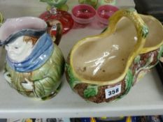 Majolica basket form planter and a jug of a portly friar
