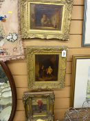 Two period Continental gilt framed oils on board and a reproduction painting of a golfer