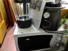 Small white compact microwave oven and a Cuisinart soup maker E/T