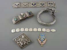 Two bracelets, two bangles, an Indian brooch and an enamel pendant, some marked silver