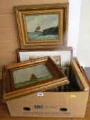 Box of framed pictures and prints and decorative photograph frames etc