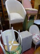 Seven items of Lloyd loom style furniture and a circular topped stool