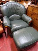 Modern green leather effect armchair and matching footstool