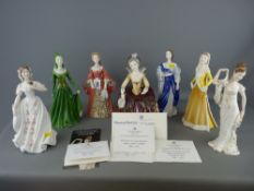 Set of seven Coalport bone china 'History of Costume' figurines with certificates (no boxes), from