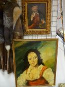 ROBERT ARTINGSTALL oil on canvas - young woman in a red dress and an oil on board - pipe smoking